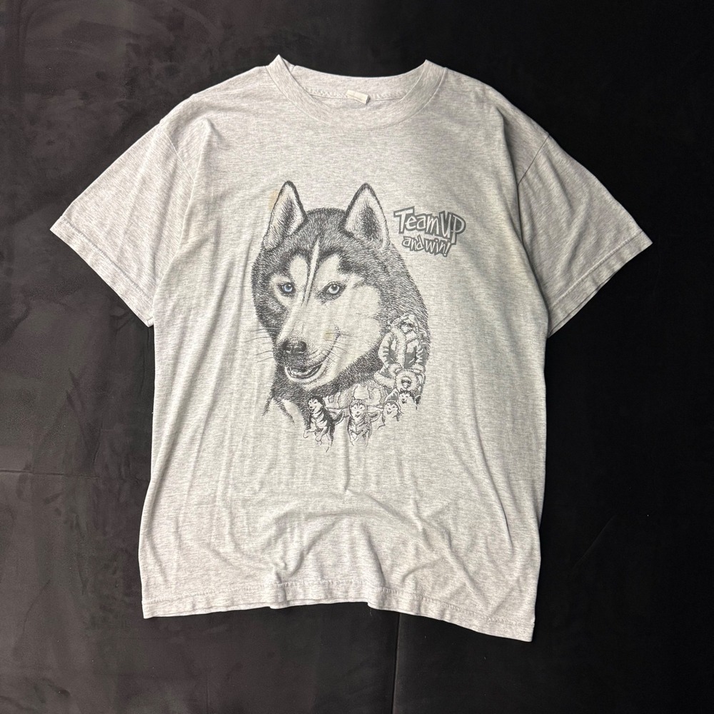 90s Mens Little Brownie Originals Husky Team Up and Win Graphic T-Shirt Large